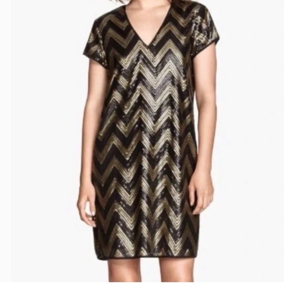 H&M Chevron Sequined Cocktail Dress Size L Black/Gold Party Mini Dress - Picture 1 of 8